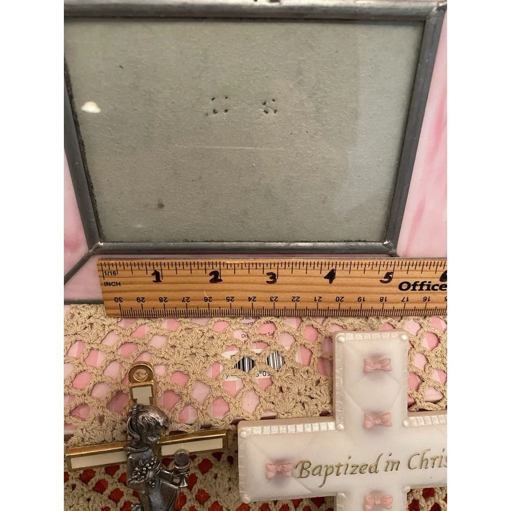 Baby Girl‎ Shower/Baptism Gift Pink Stained Glass Photo Frame & 2 Crosses